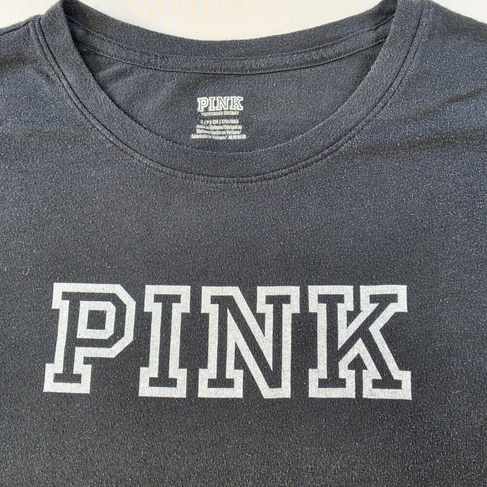PINK Victoria Secret T-Shirt Womens Small Black Graphic Spellout Short Sleeve S